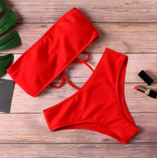 High-Waist Strapless Bikini – Elegant Padded One-Piece Swimwear for Women