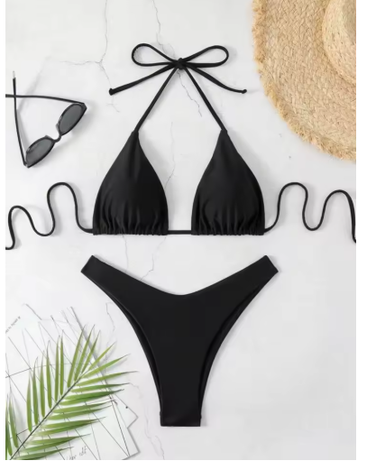 Women's Halter Thong Bikini – Lace-Up Brazilian Bathing Suit in Solid Colors
