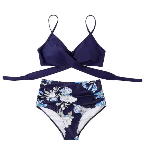 Floral Print Bikini Set – High-Waisted Cross Design for Teens
