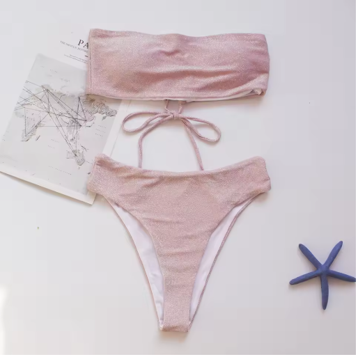 Shiny Bandage Bikini Set – High-Waisted Two-Piece Swimsuit for Women