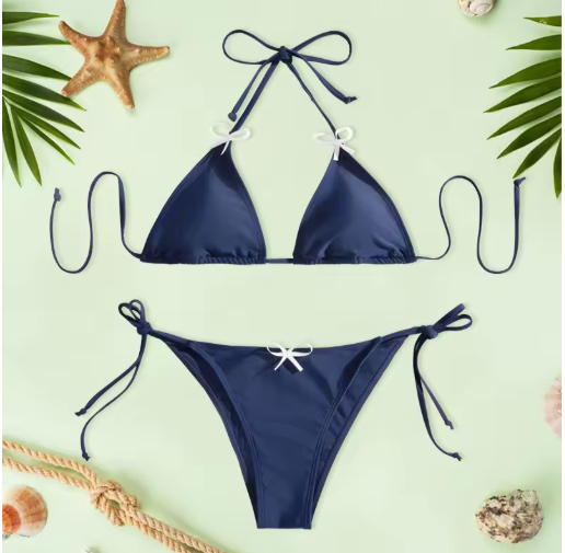 Solid Color Triangle Bikini Set – Low-Waist Bandage Swimwear for Women