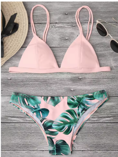 Leaf Print Bikini Set – Padded Push-Up Swimwear for Women