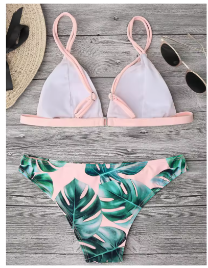 Leaf Print Bikini Set – Padded Push-Up Swimwear for Women