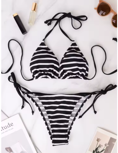 Striped Triangle Bikini Set – Black & White Bandage Swimwear