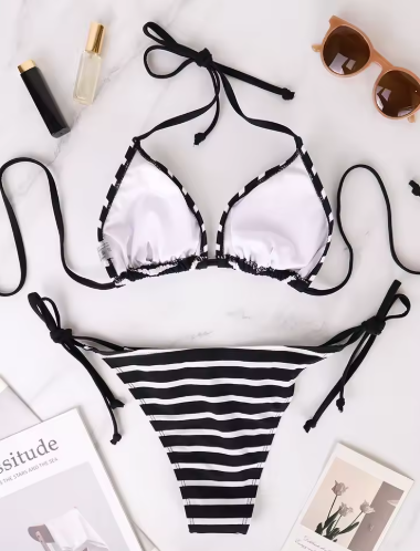 Striped Triangle Bikini Set – Black & White Bandage Swimwear