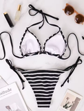 Striped Triangle Bikini Set – Black & White Bandage Swimwear