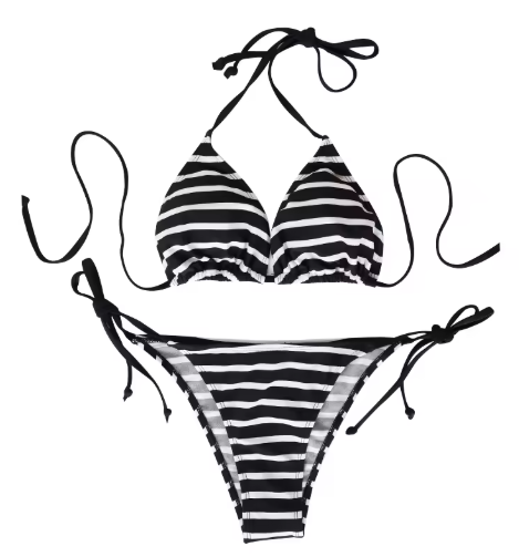 Striped Triangle Bikini Set – Black & White Bandage Swimwear