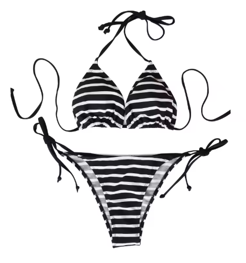 Striped Triangle Bikini Set – Black & White Bandage Swimwear