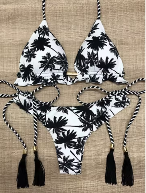 Coconut Tree Print Bikini – Black & White Triangle Halter Set
