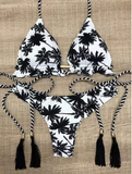 Coconut Tree Print Bikini – Black & White Triangle Halter Set
