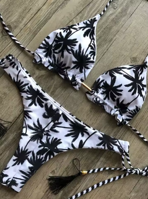 Coconut Tree Print Bikini – Black & White Triangle Halter Set