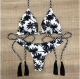 Coconut Tree Print Bikini – Black & White Triangle Halter Set