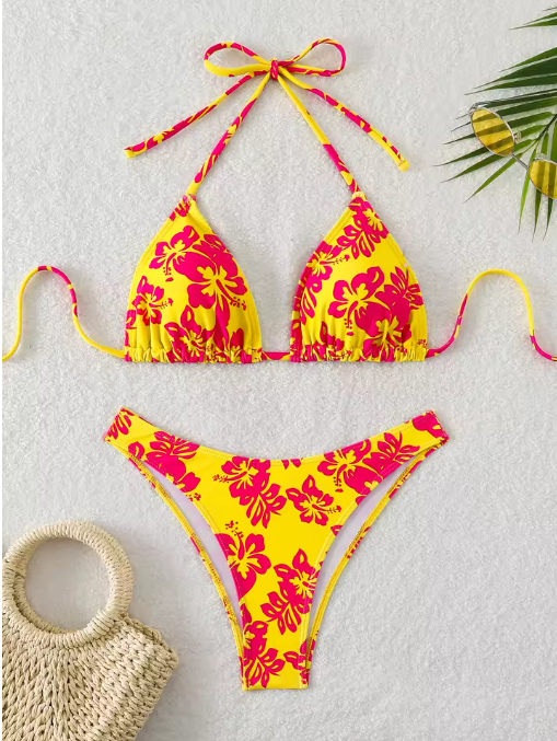 Retro Floral Bikini Set – High-Waisted Lace-Up Swimsuit