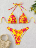Retro Floral Bikini Set – High-Waisted Lace-Up Swimsuit