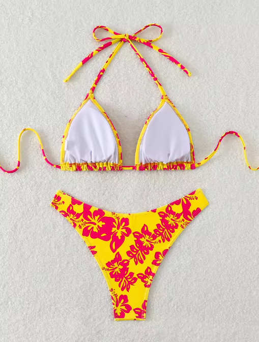 Retro Floral Bikini Set – High-Waisted Lace-Up Swimsuit