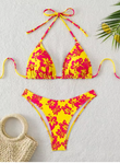 Retro Floral Bikini Set – High-Waisted Lace-Up Swimsuit