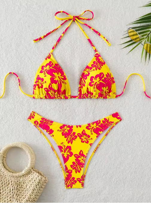 Retro Floral Bikini Set – High-Waisted Lace-Up Swimsuit