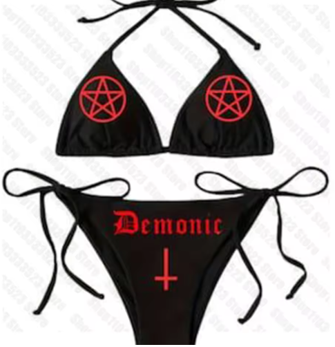 Y2K Letter Print Bikini – Sexy Thong Two-Piece with Gothic Vibes