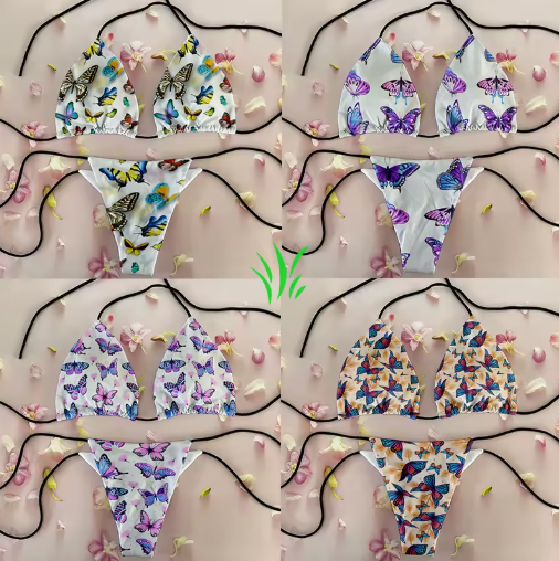 Colorful Butterfly Print Bikini – Fun & Flirty Deep V Swimsuit for Women