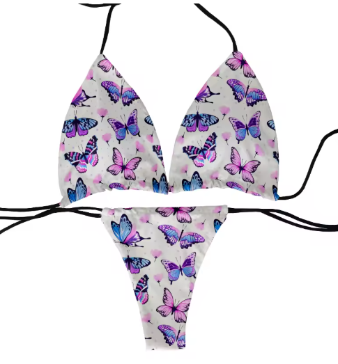 Colorful Butterfly Print Bikini – Fun & Flirty Deep V Swimsuit for Women