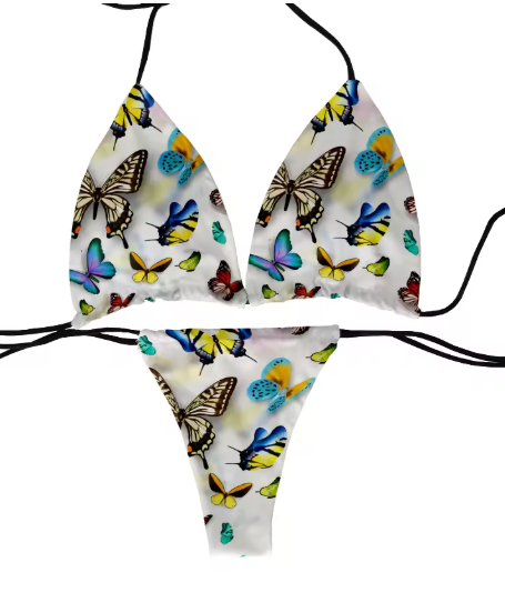 Colorful Butterfly Print Bikini – Fun & Flirty Deep V Swimsuit for Women