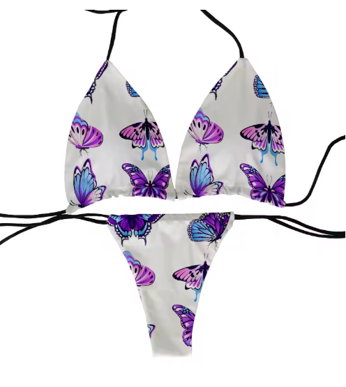 Colorful Butterfly Print Bikini – Fun & Flirty Deep V Swimsuit for Women