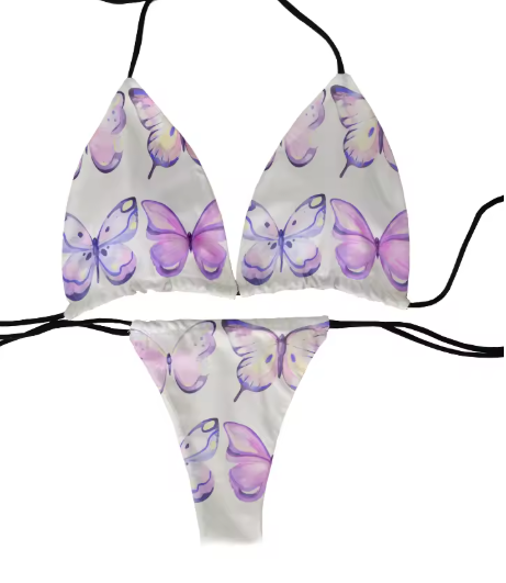 Colorful Butterfly Print Bikini – Fun & Flirty Deep V Swimsuit for Women