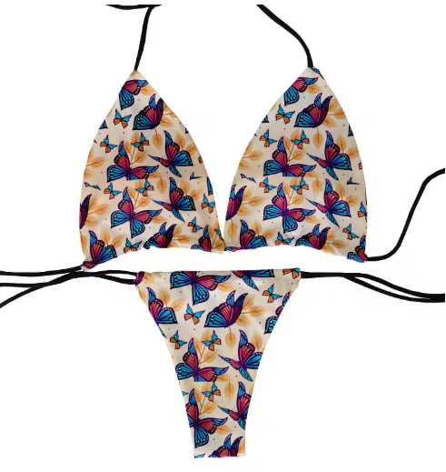 Colorful Butterfly Print Bikini – Fun & Flirty Deep V Swimsuit for Women
