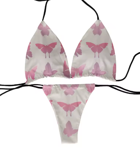 Colorful Butterfly Print Bikini – Fun & Flirty Deep V Swimsuit for Women