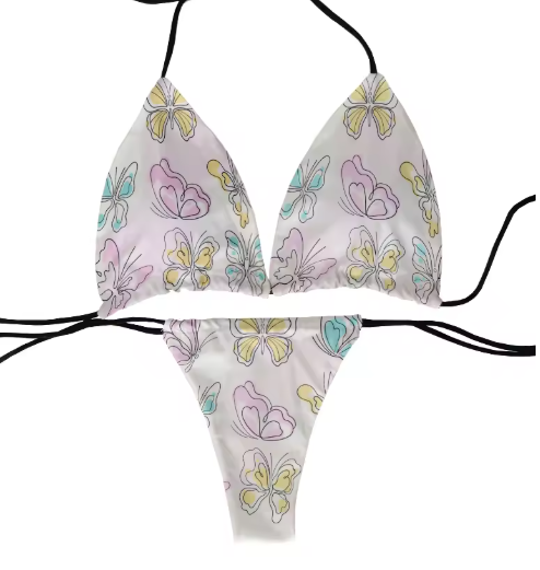Colorful Butterfly Print Bikini – Fun & Flirty Deep V Swimsuit for Women