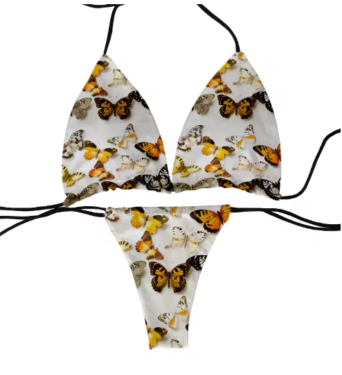 Colorful Butterfly Print Bikini – Fun & Flirty Deep V Swimsuit for Women