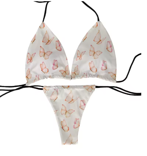 Colorful Butterfly Print Bikini – Fun & Flirty Deep V Swimsuit for Women