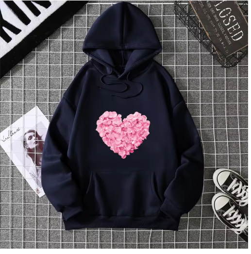Heart Print Graphic Hoodie – Cute & Comfy Pullover Sweatshirt for Girls – Loose Fit Casual Fashion Top