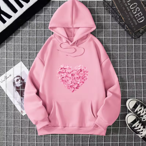 Heart Print Graphic Hoodie – Cute & Comfy Pullover Sweatshirt for Girls – Loose Fit Casual Fashion Top