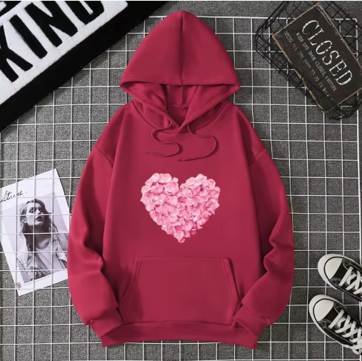 Heart Print Graphic Hoodie – Cute & Comfy Pullover Sweatshirt for Girls – Loose Fit Casual Fashion Top