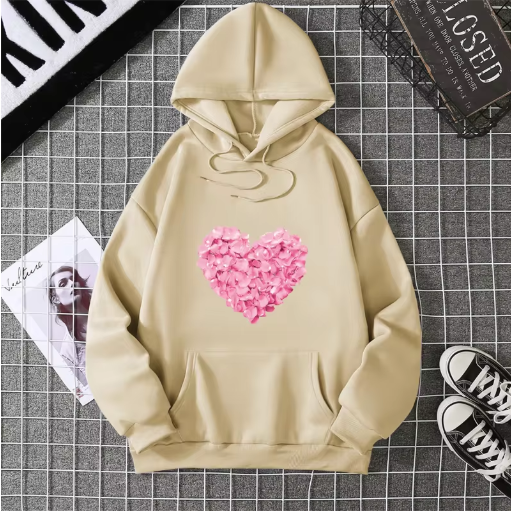 Heart Print Graphic Hoodie – Cute & Comfy Pullover Sweatshirt for Girls – Loose Fit Casual Fashion Top