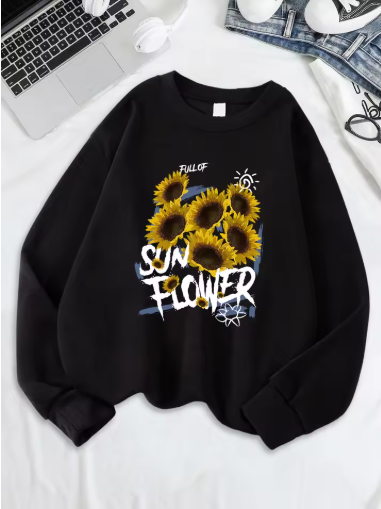 Sunflower Print Fleece Sweatshirt – Cozy & Cheerful Women's Hoodie