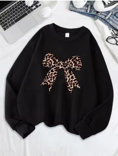 Bow & Leopard Print Sweatshirt – Stylish and Cozy Fleece Pullover for Women