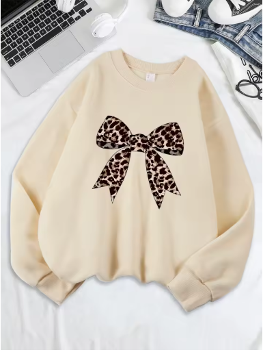 Bow & Leopard Print Sweatshirt – Stylish and Cozy Fleece Pullover for Women