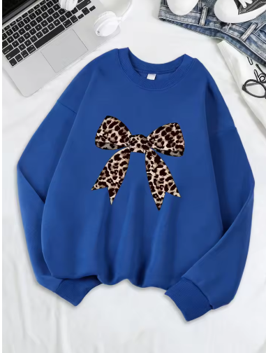Bow & Leopard Print Sweatshirt – Stylish and Cozy Fleece Pullover for Women