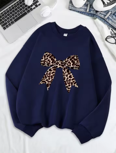 Bow & Leopard Print Sweatshirt – Stylish and Cozy Fleece Pullover for Women
