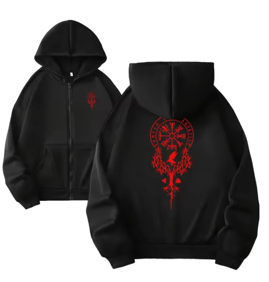 Women's Zipper Hoodie – Urban Streetwear Jacket with High-Grade Viking Art Print | Casual Fashion Sweatshirt Coat