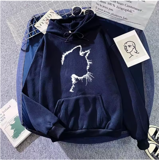 Cozy Autumn & Winter Women's Sweatshirt with Cute Cat Print – Casual Pullover for Home & Daily Wear