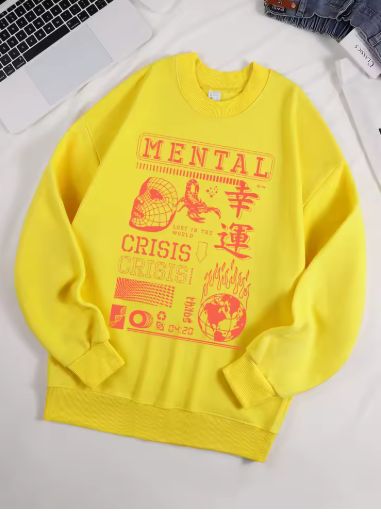 "Mental Crisis Over Lucky People" Graphic Sweatshirt – Women's Cozy Fleece O-Neck Hoodie, Casual Loose Fit, Winter Warm Pullover