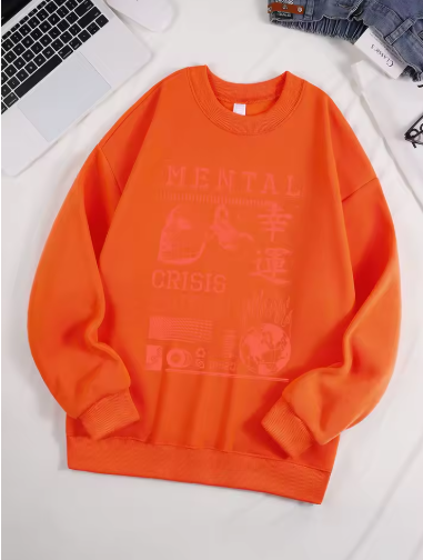 "Mental Crisis Over Lucky People" Graphic Sweatshirt – Women's Cozy Fleece O-Neck Hoodie, Casual Loose Fit, Winter Warm Pullover