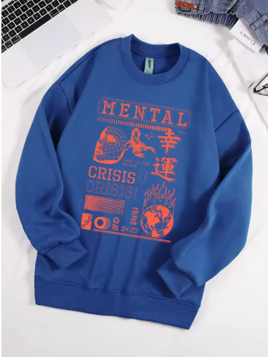"Mental Crisis Over Lucky People" Graphic Sweatshirt – Women's Cozy Fleece O-Neck Hoodie, Casual Loose Fit, Winter Warm Pullover