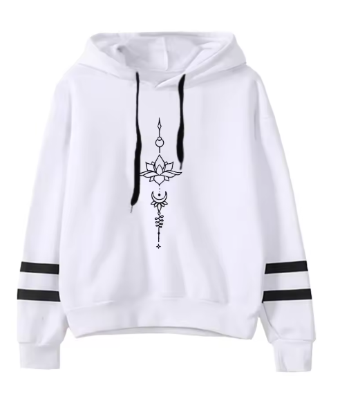 Autumn Women's Casual Lotus Print Hoodie – Warm Pullover Sweatshirt with Hood, Long Sleeves