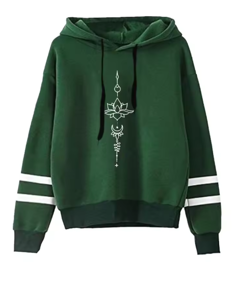 Autumn Women's Casual Lotus Print Hoodie – Warm Pullover Sweatshirt with Hood, Long Sleeves