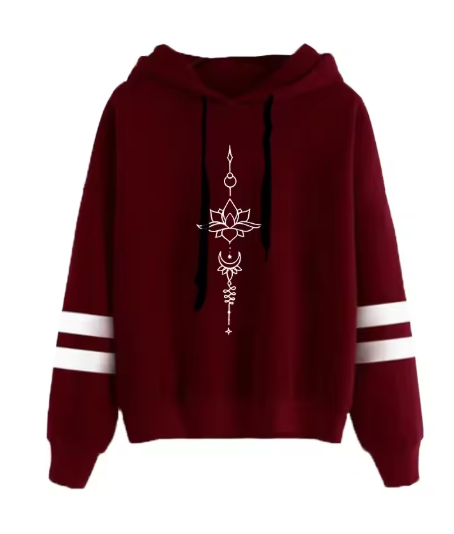 Autumn Women's Casual Lotus Print Hoodie – Warm Pullover Sweatshirt with Hood, Long Sleeves