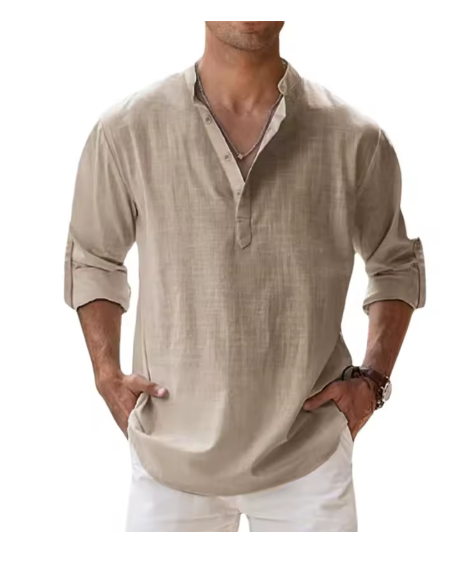 Men’s Cotton Linen Henley Shirt – Lightweight Long Sleeve Casual Beachwear